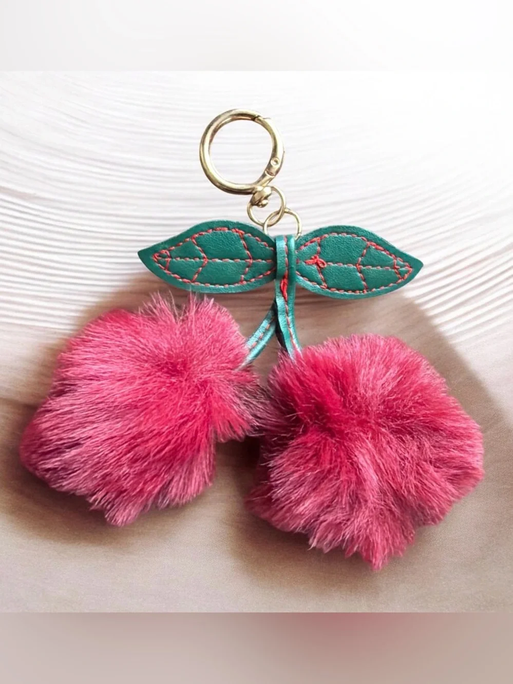 Fuzzy Cherry Pom-Pom Bag Charm & Keychain NEW
